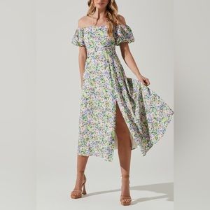 ASTR the Label Off the Shoulder A-Line Floral Midi Dress Puff Sleeve Size Small